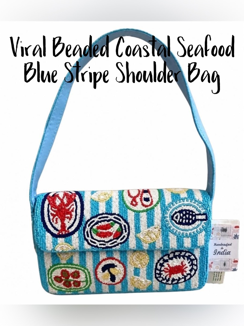 Viral Beaded Coastal Seafood Blue Stripe Shoulder Bag-NWT